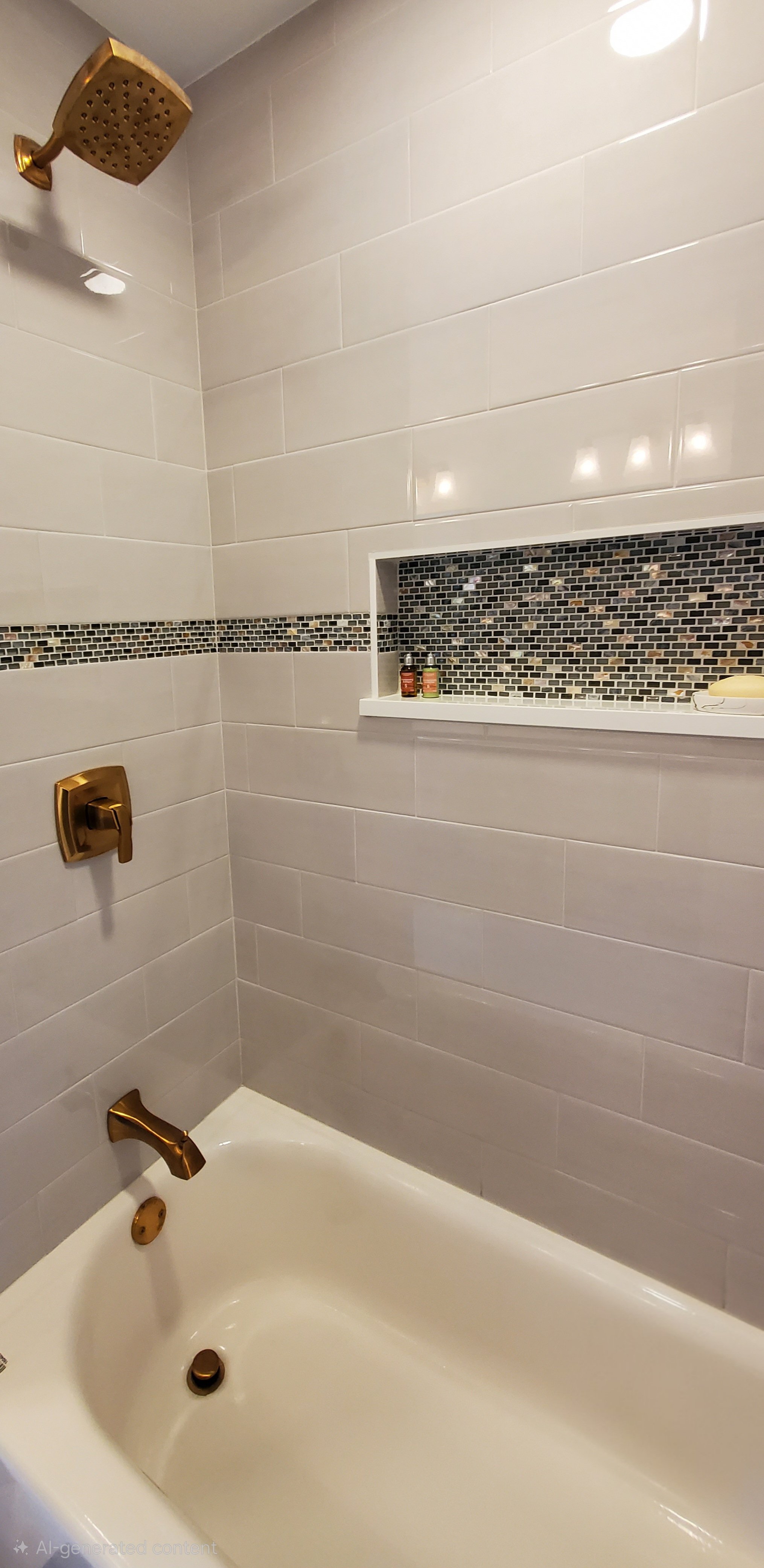 A white bathtub sits beneath a wall-mounted shower system with brushed gold fixtures, including a square rain showerhead and lever controls.