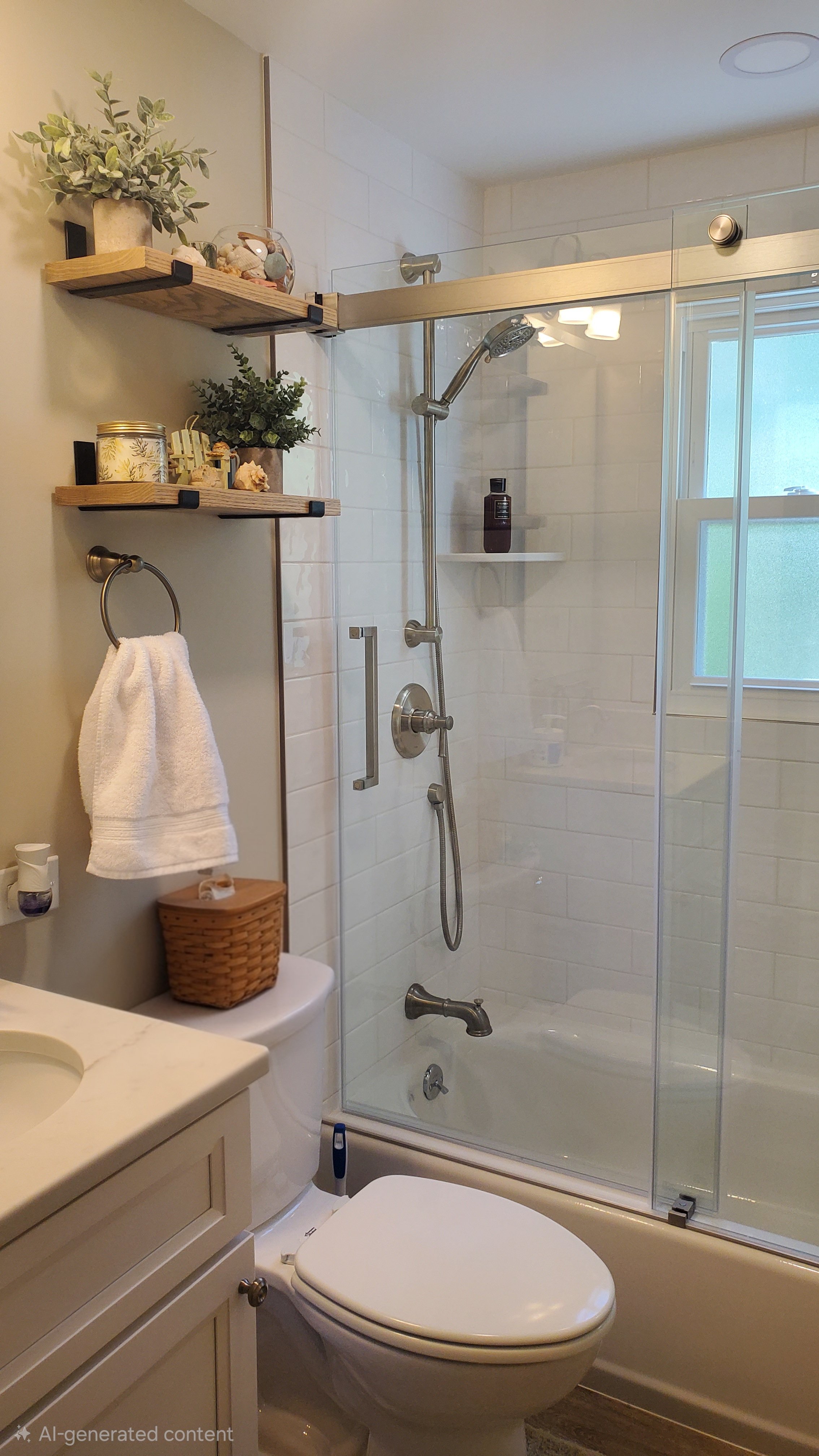 A glass-enclosed tub and shower combo is finished in white subway tile, with a built-in niche holding bottles of bath products.