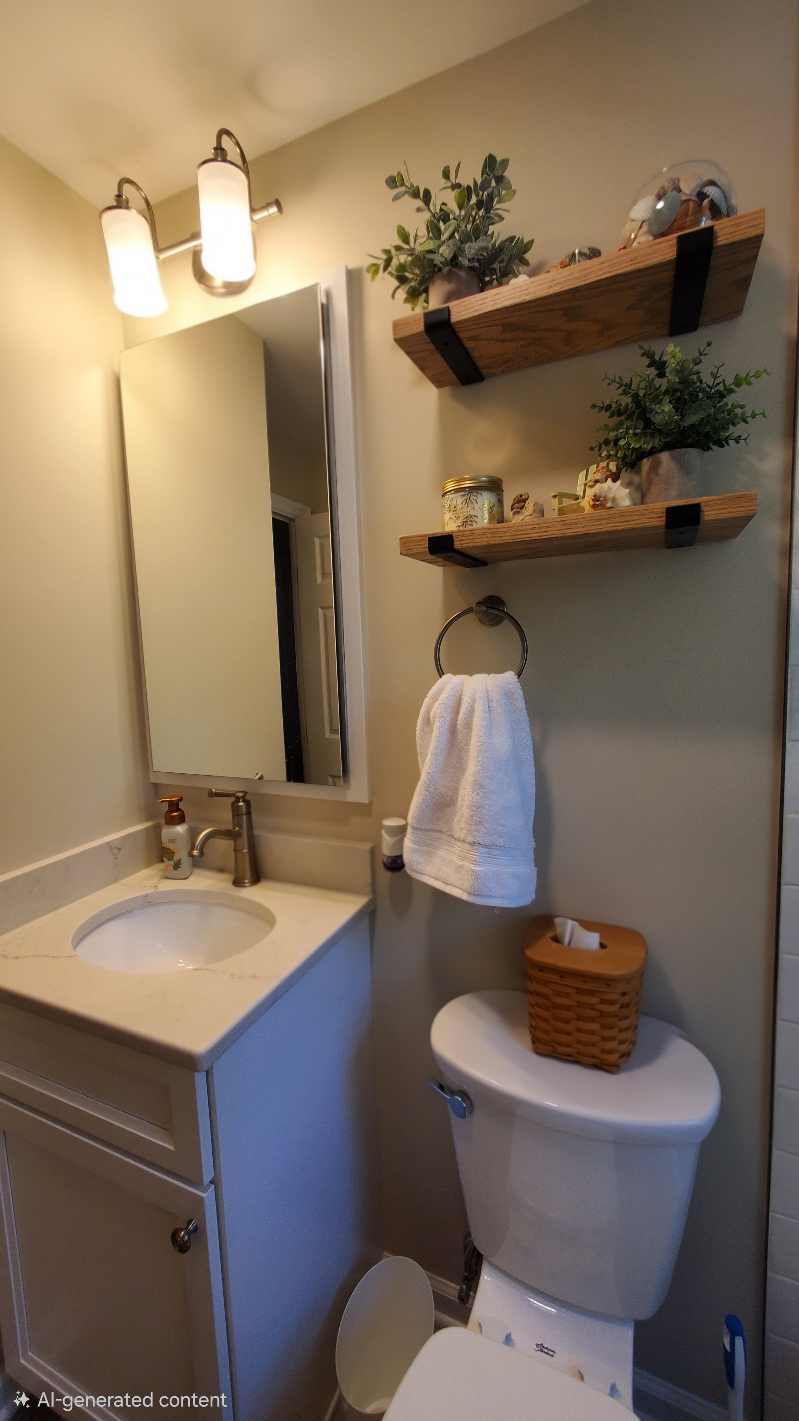 A bathroom vanity has a white marble-look countertop, an undermount sink, and a brushed nickel faucet below a large mirror, with wood floating shelves nearby.