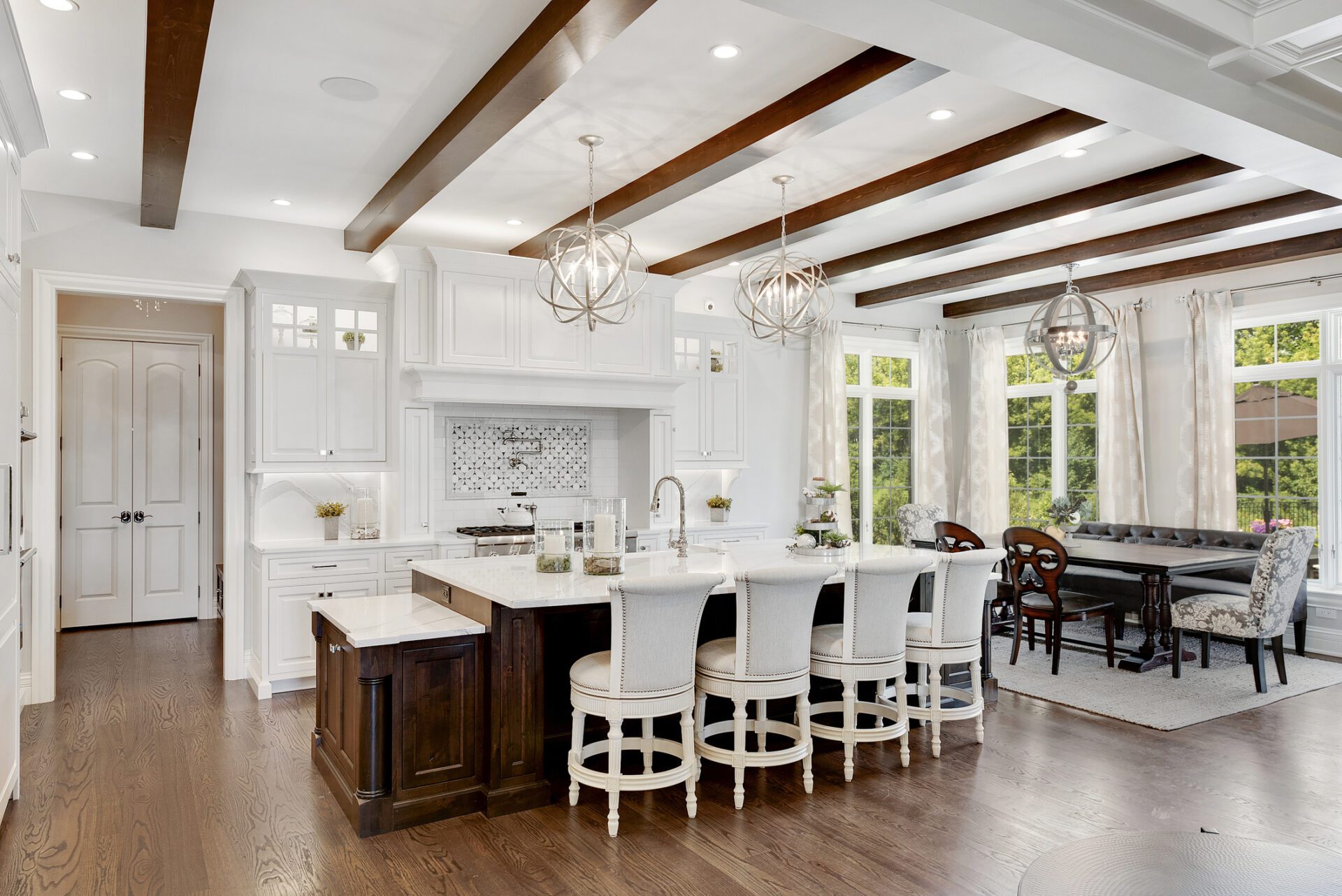 White bar stools at kitchen island White bar stools at kitchen island