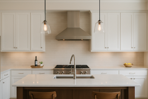 Contemporary white kitchen with stainless steel hood and pendant lighting